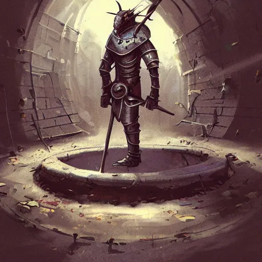 Image similar to a rat knight explores the abandoned sewers, artstation