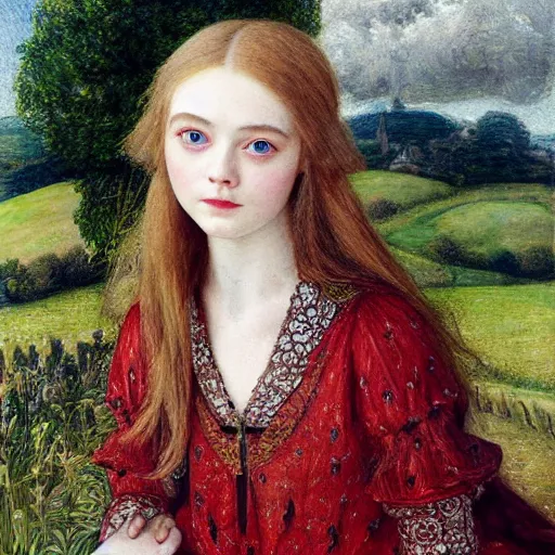 Image similar to professional painting of Elle Fanning in the style of Eleanor Fortescue-Brickdale, head and shoulders portrait, symmetrical facial features, smooth, sharp focus, illustration, intricate, stormy weather, extremely detailed masterpiece,