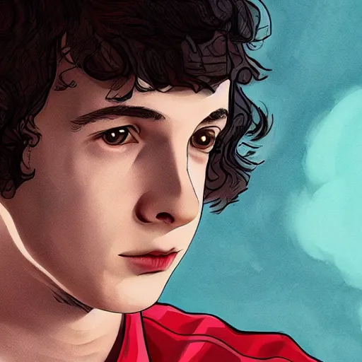 Image similar to Finn WolfHard with Stranger Things in comic style, hq, 4k