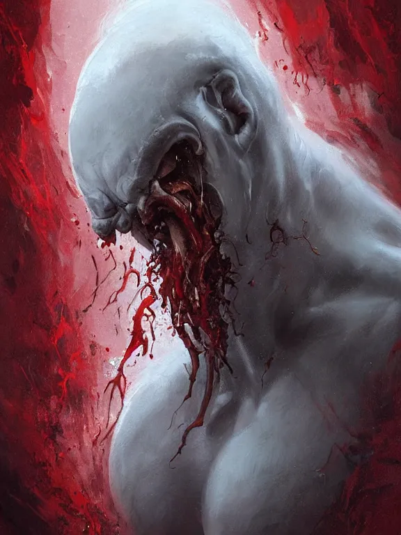 Image similar to painting by greg rutkowski a flying human head with tears running down it's face face that is chalk white in color, with long white!! tentacles!! coming out of the neck, fiery scorching red eyes, flying in a terrying hellish dark cavernous place