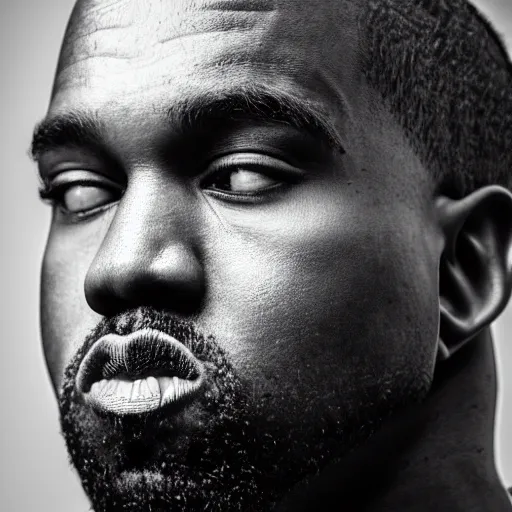 Image similar to the face of young kanye west wearing yeezy clothing at 2 3 years old, black and white portrait by julia cameron, chiaroscuro lighting, shallow depth of field, 8 0 mm, f 1. 8