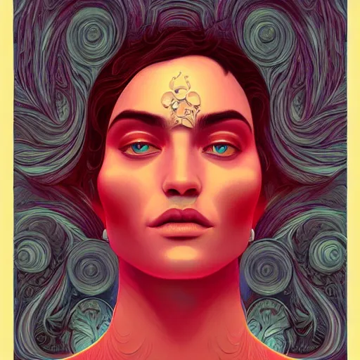 Image similar to A beautiful portrait, surreal, LSD, face, detailed, intricate, elegant, highly detailed, digital painting, artstation, smooth, sharp focus, illustration, art by Kilian Eng