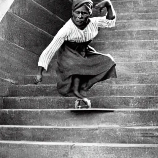 Prompt: Historical photograph of Harriet Tubman doing a kickflip over some stairs