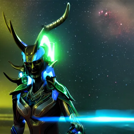 Image similar to the most beautiful cosmic android robot female devil, long glowing loki like horns, selfie pic by unreal engine