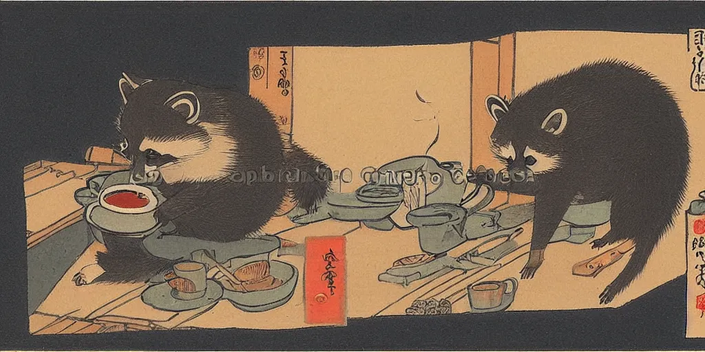 Image similar to little raccoon sitting by a cozy fireplace with a cup of tea. warm color temperature. ukiyo - e,