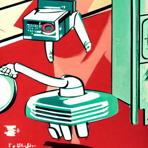 Prompt: fifties robot helps clean the house, domestic android, googie aesthetics