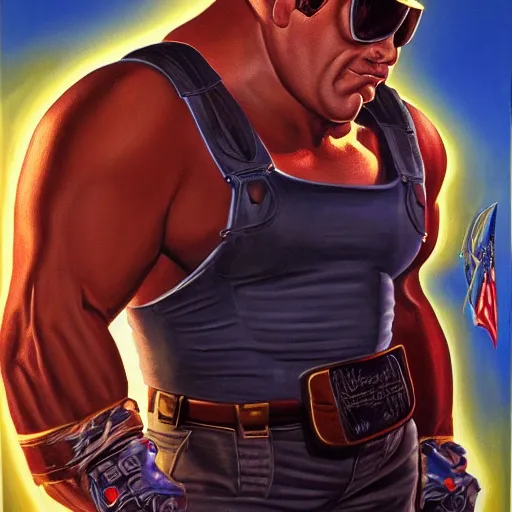 Prompt: portrait painting of duke nukem, art by larry elmore, 4 k,, highly detailed, epic lighting