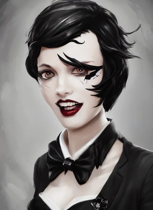 Image similar to a highly detailed illustration of beautiful short black messy haired woman wearing eyepatch!!! and noir style suit and tie, dramatic smiling pose, intricate, elegant, highly detailed, centered, digital painting, artstation, concept art, smooth, sharp focus, league of legends concept art, WLOP