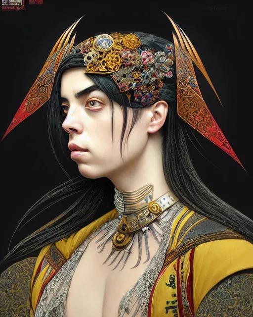 Image similar to portrait of a turkish masculine female billie eilish cyberpunk machine, machine face, full body portrait, decorated with ottoman opera motifs, muscular, asian, fine china, wuxia, traditional chinese art, intricate intense elegant, highly detailed symmetry headpiece digital painting artstation concept art smooth sharp focus illustration, art by artgerm and greg rutkowski alphonse mucha 8 k