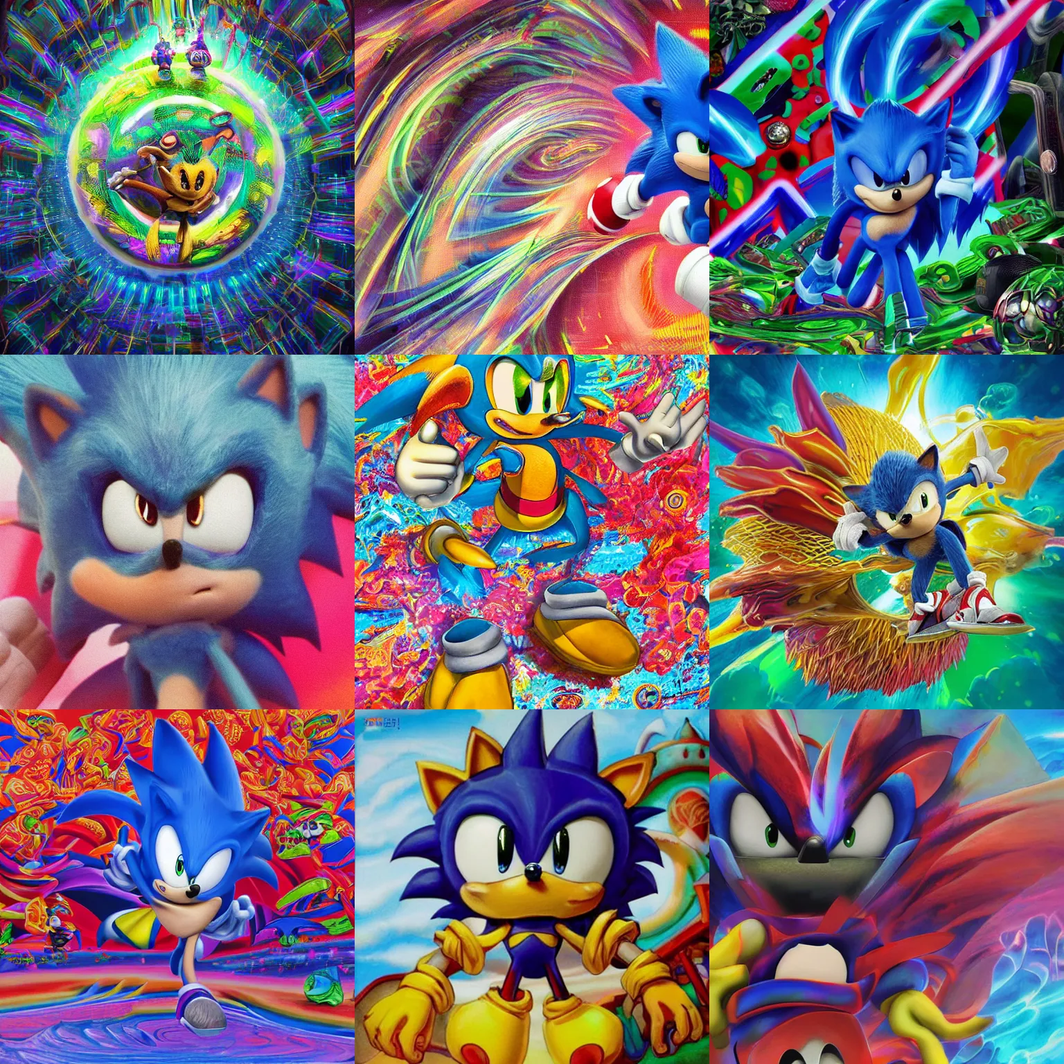 Prompt: close up sonic the hedgehog in a surreal, elastic, ornate, professional, high quality airbrush art mgmt shpongle album cover of a chrome dissolving LSD DMT blue sonic the hedgehog surfing through vaporwave taffy frosting , checkerboard horizon , 1980s 1982 Sega Genesis video game album cover