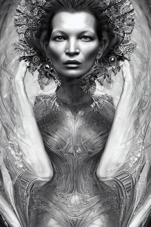 Prompt: a realistic moody portrait photo of a beautiful ancient alien woman goddess kate moss standing in iris van herpen dress jewelery and fractals in style of alphonse mucha art nuvo dmt trending on artstation made in unreal engine 4