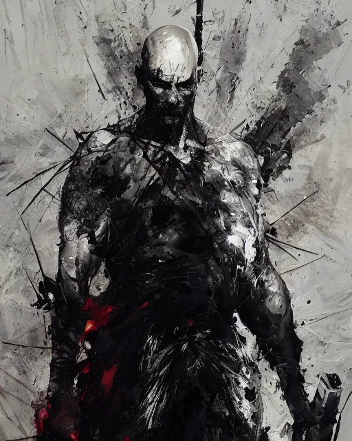 Image similar to tall bald man, standing, wielding a large axe, spike through two eyes, large spike through eyes, black robe, painting by yoji shinkawa, alphonse murac, craig mullins, sui ishida, yoshikata amano, collaborative painting, very detailed and high quality, 4 k, 8 k, artstation