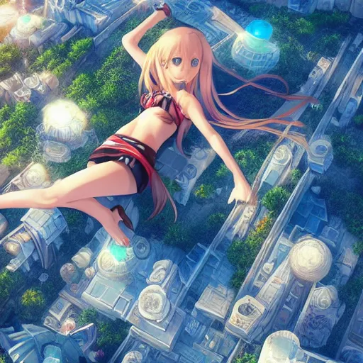 Image similar to seen from above : a giant macro very beautiful young yuuki asuna, full body, long wavy blond hair, sky blue eyes, full round face, bikini, miniskirt, laying on a miniature city, cinematic wallpaper by stanley artgerm lau