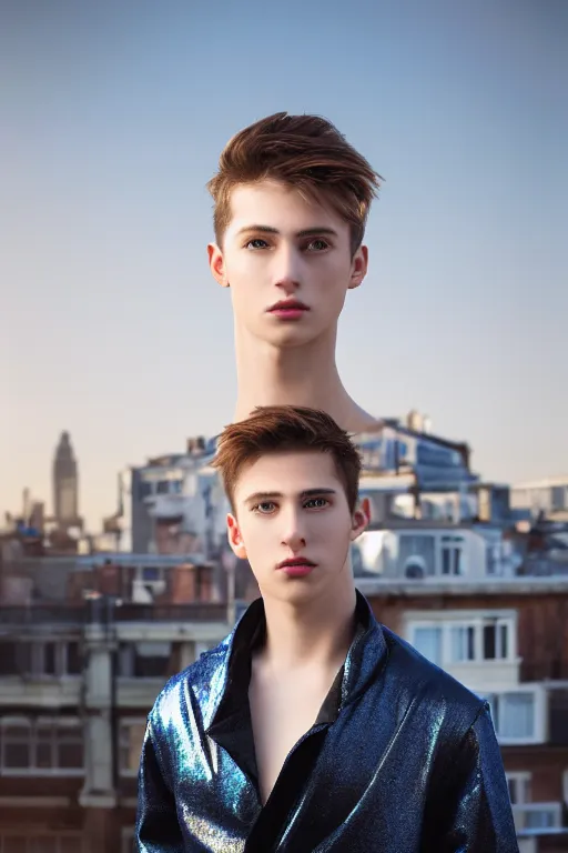 Image similar to un ultra high definition studio quality photographic art portrait of a young man standing on the rooftop of a british apartment building wearing soft baggy inflatable padded silver iridescent pearlescent clothing. three point light. extremely detailed. golden ratio, ray tracing, volumetric light, shallow depth of field. set dressed.