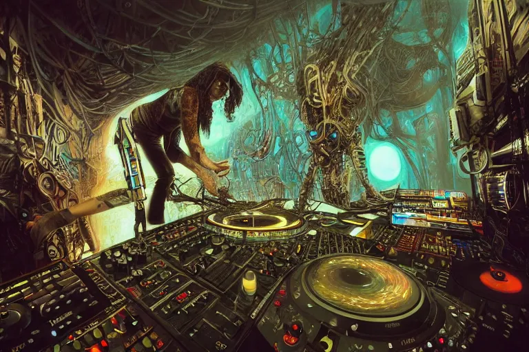 Image similar to a fisheye lens photo of a post apocalyptic tribal cyborg dj tweaking and playing synthesizers in the most complicated and technical spiral fractal musical studio, powerful, cinematic, beautifully lit, by donato giancola, by artgerm, by karol bak, 3 d, perfect face and body, trending on artstation, octane render, 8 k