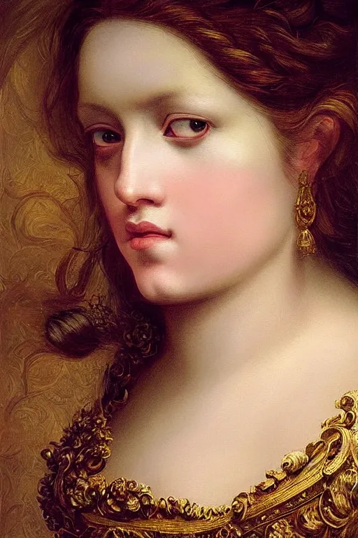 Image similar to hyper realistic painting portrait of the princess of roses, occult diagram, elaborate details, rococo, baroque, gothic, intrincate ornaments, gold decoration, caligraphy, occult art, illuminated manuscript, oil painting, art noveau, in the style of roberto ferri and gustav moreau