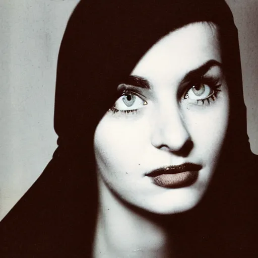 Image similar to old film photo of an atractive cool alternative bosnian woman in her early 20s. beautiful face. She has dark brown hair, dark thick eyebrows, brown eyes and shoulder long hair.