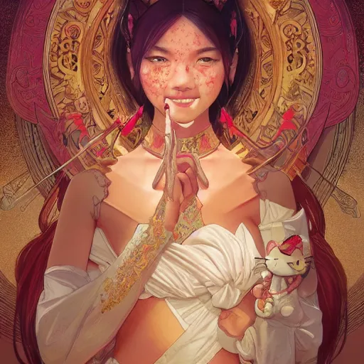 Prompt: portrait of Hello Kitty in ancient Java, D&D, MtG art,fantasy, intricate, elegant, highly detailed, digital painting, artstation, concept art, smooth, sharp focus, illustration, art by artgerm and greg rutkowski and alphonse mucha