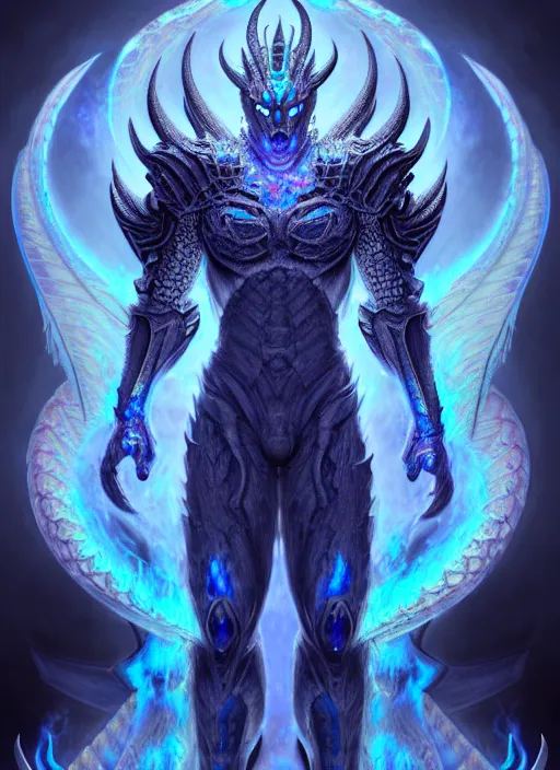 Image similar to muscular and tall blue ghostly fire humanoid dragon!!!! draconian!! intricate ornate iridescent heavy armor!! character concept art, sharp focus, octane render! unreal engine 5! highly rendered!! trending on artstation!! detailed linework!! illustration by artgerm, wlop, and chie yoshii