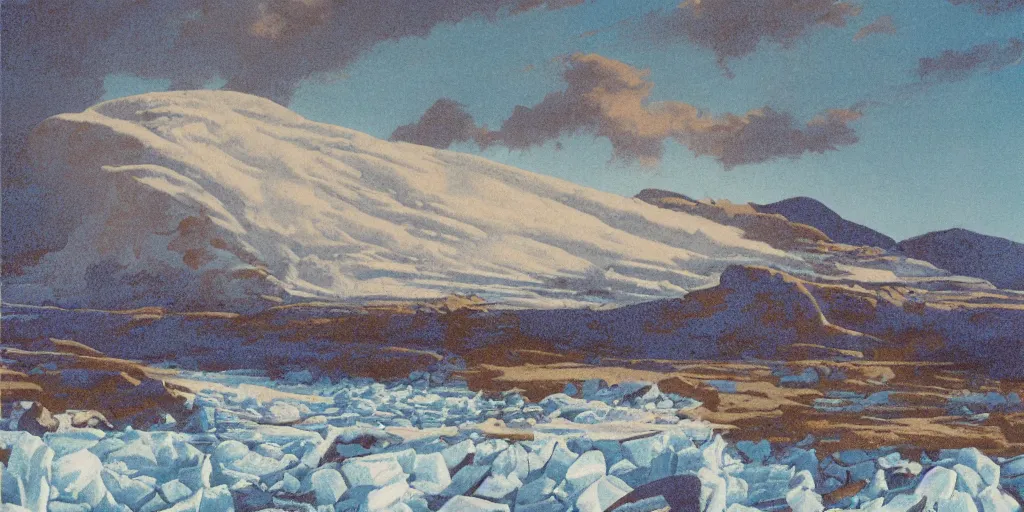 Prompt: illustration of landscape made of ice cream, (petro poster) by Reginald Montague Lander, (By Tom Purvis), By Joseph Binder