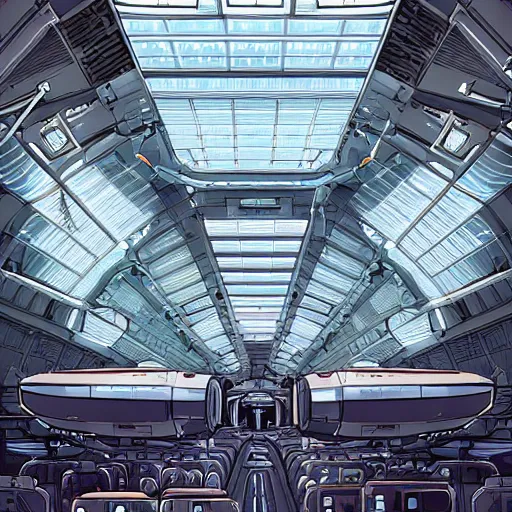 Prompt: one thousand aligned cryogenic pods, spaceship hangar, symmetrical, sci-fi, cryogenic pods, many cryogenic pods, interior, 4k, wide shot, matte painting, oil painting, concept art, art station, style of Laurie Greasley and Satoshi Kon