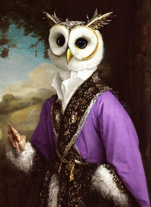 Prompt: close-up portrait of anthropomorphic owl Prince, man with a head of barn owl, glowing eyes, in a crown, wearing long royal robe, lilac, silver, black, bokeh, blurred space, stars, dreamy, romantic, painting in the museum, highly detailed, sharp focus, digital painting, artwork, by John James Audubon by Victor Adame Minguez by Yuumei by Tom Lovell by Sandro Botticelli