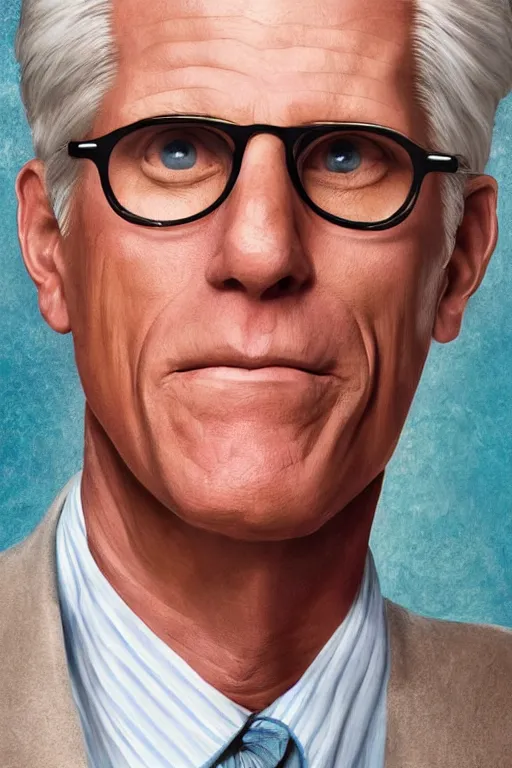 Image similar to a painting of ted danson in the good place, art by robin eley