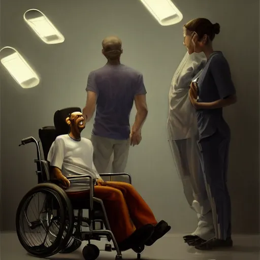 Image similar to a male patient in a wheelchair in the hospital with his wife and son standing by. happy, cheerful, smiling, intricate, sharp focus, artstation, cinematic lighting, 8 k, art by greg rutkowski
