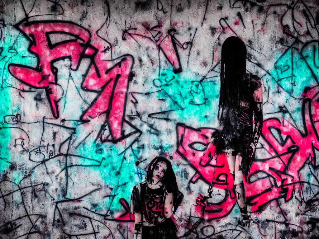 Image similar to graffiti in an abandoned bunker, cute fumo plush gothic black enigmatic maiden girl painted in spilt red ink and washed watercolor, glowing ancient glyphs and summoning circle, neon light, avant garde pop art, filmic, bokeh, captured on canon eos r 6