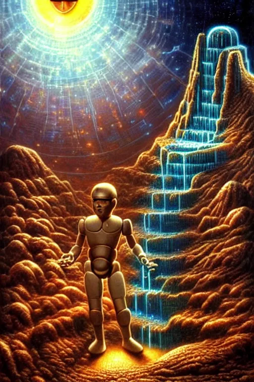 Prompt: a photorealistic detailed cinematic image of an artificially intelligent cyborg explaining the origins of humanity. showing humanity god, emotional, compelling, by pinterest, david a. hardy, kinkade, lisa frank, wpa, public works mural, socialist