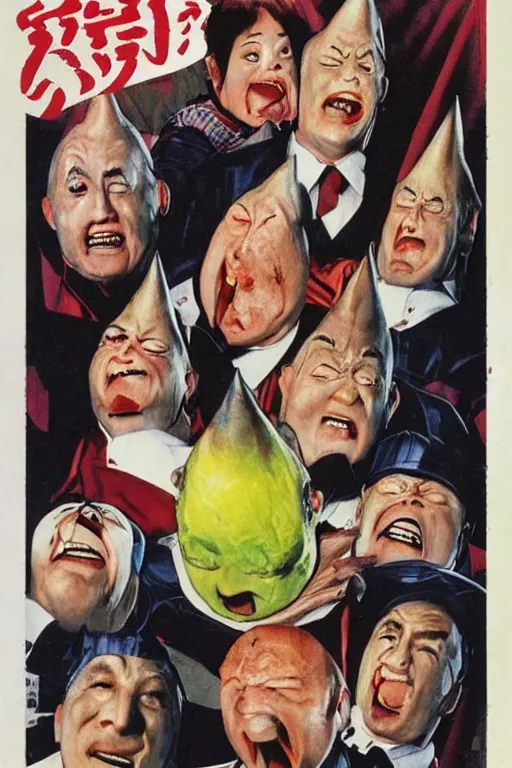 Image similar to coneheads, japanese vhs cover art, detailed facial expressions