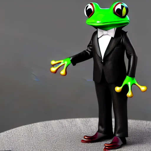 Prompt: a frog in a tuxedo suit holding a suitcase, hyperrealistic, octane render, 3D