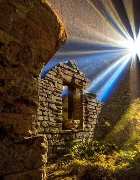 Prompt: vintage color photo of light rays shinning through a hidden temple in Cordillera De Los Andes, 8k definition