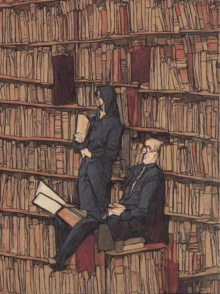 Image similar to simple portrait painting of a bookseller in a bookstore moebius