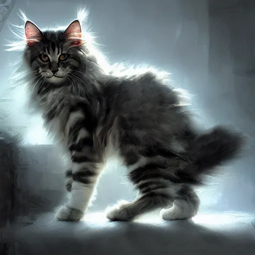 Prompt: maine coon kitty by Ruan Jia, fantasy, hazy, atmospheric, inspiring