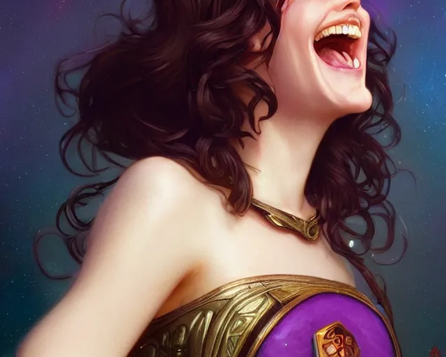 Image similar to winona ryder laughing and smiling, photography of kurzgesagt, deep focus, d & d, fantasy, intricate, elegant, highly detailed, digital painting, artstation, concept art, matte, sharp focus, illustration, hearthstone, art by artgerm and greg rutkowski and alphonse mucha