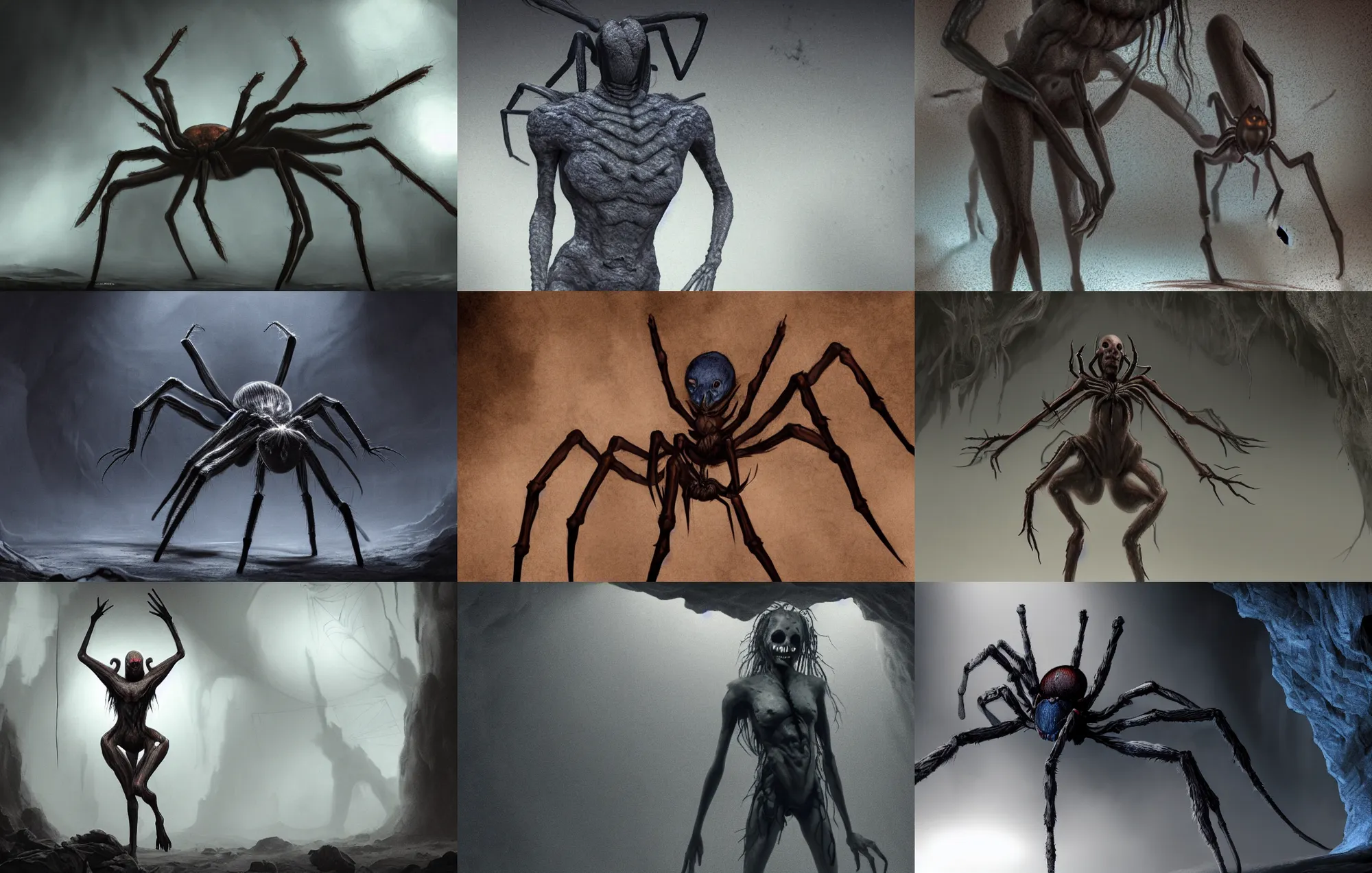 Prompt: creepy matte painting of a female spider drider centaur with eight spider legs in a dark cave wearing a ragged shirt, ultra detailed, monster, half human half spider, human torso and head, spider thorax, creature design, concept art, 8 k, moody lighting, muted colors, blue tone light, dramatic lighting, realistically proportioned face