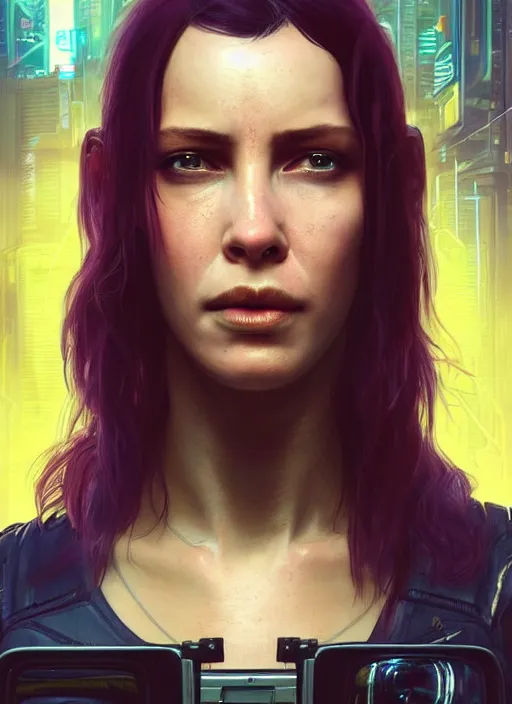 Prompt: portrait of a female truck driver as a character in Cyberpunk 2077, looking at camera, intricate, elegant, sci-fi, extremely detailed, digital painting, artstation, concept art, smooth, sharp focus, illustration, ambient lighting, incredible art by artgerm and greg rutkowski and alphonse mucha and simon stalenhag