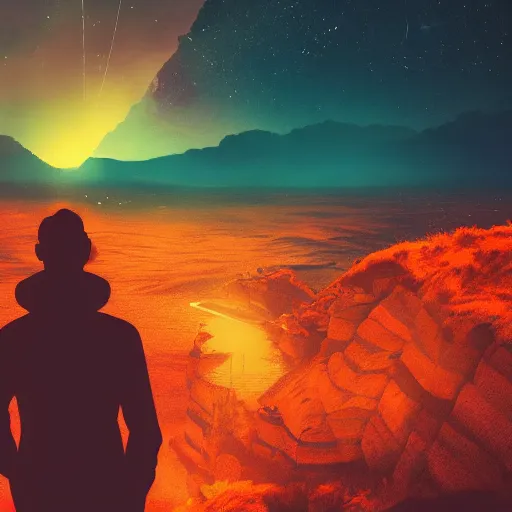 Prompt: a man standing on a cliff looking at the stars in the sky, a matte painting by alena aenami, unsplash, space art, outrun, synthwave, retrowave