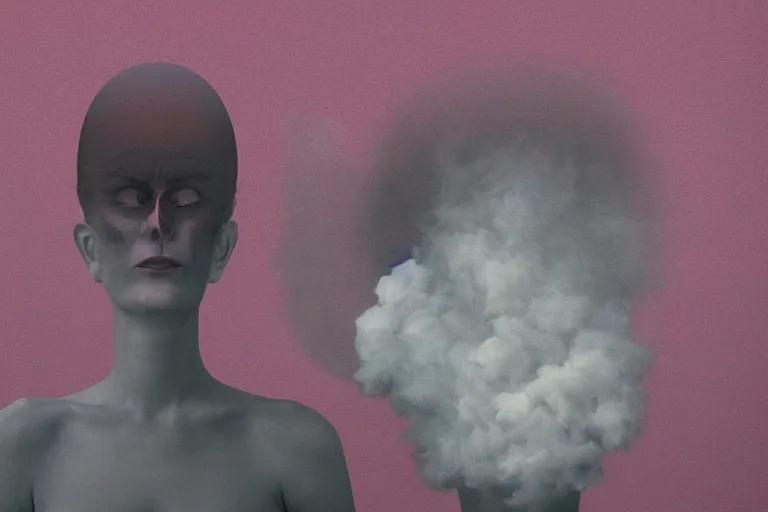 Prompt: a woman's face made out of smoke, surreal, magritte, expression, slow, sunset