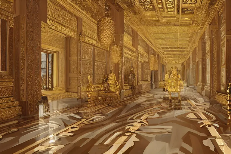 Image similar to Fantasy Asian inspired wide royal palace foyer with infinitely high ceilings, infinitely long corridors, wide grand staircase, Buddhist imagery, bejeweled, natural lighting, digital painting, concept art by Shaddy Safadi