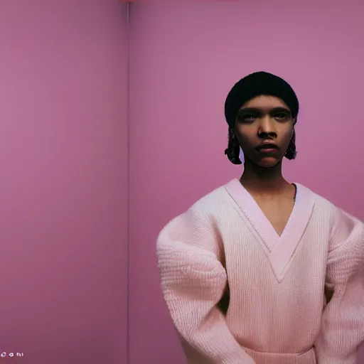 Image similar to realistic photoshooting for a new balenciaga lookbook, color film photography, portrait of a beautiful woman, set design by wes anderson, in style of Tyler Mitchell, 35mm,