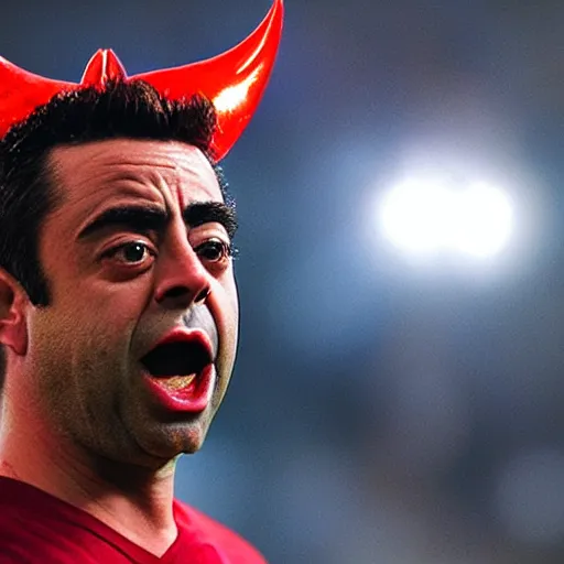 Prompt: xavi hernandez as the devil with red horns and an evil face