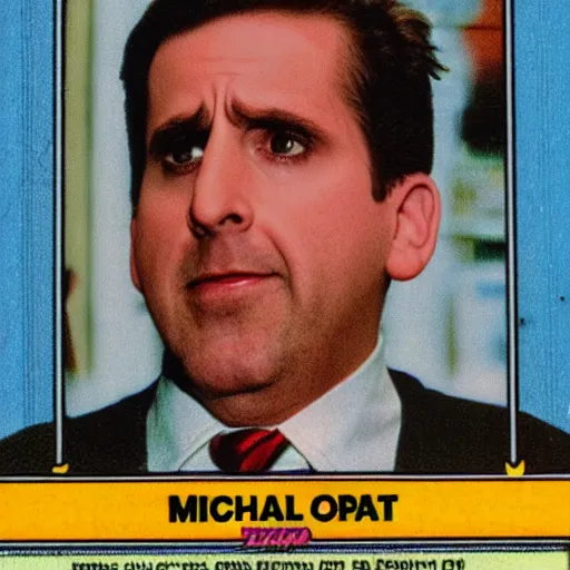 Image similar to michael scott garbage pail kid style trading card 1 9 8 7