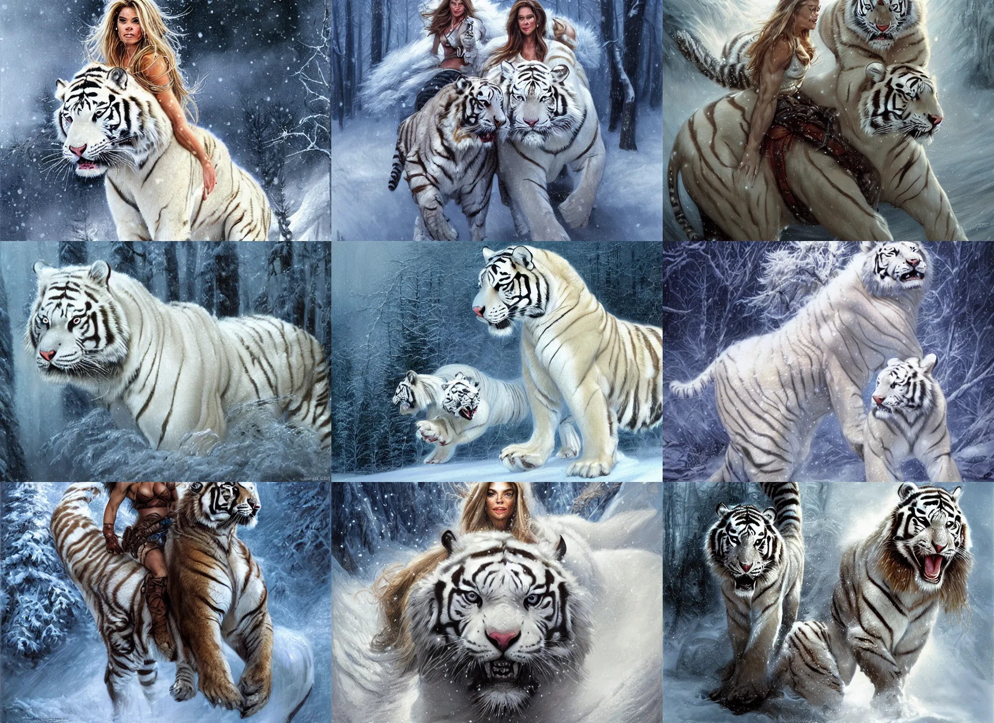 Prompt: face portrait of muscled Denise Richards riding a fierce large white tiger, wintery scene, snow storm, Donato Giancola, Mark Brooks, Ralph Horsley, Charlie Bowater, Artgerm, Christopher Balaskas, Bastien Lecouffe-Deharme