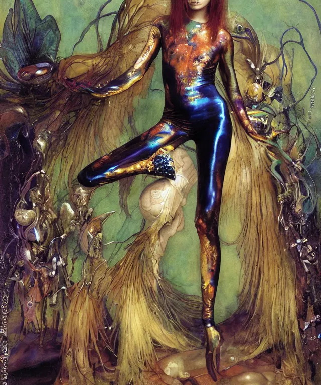 Image similar to a portrait photograph of a harpy olympic swimmer with slimy skin being transformed into a beautiful alien. she looks like sadie sink and is wearing a colorful infected sleek organic catsuit. by donato giancola, hans holbein, walton ford, gaston bussiere, peter mohrbacher and brian froud. 8 k, cgsociety, fashion editorial