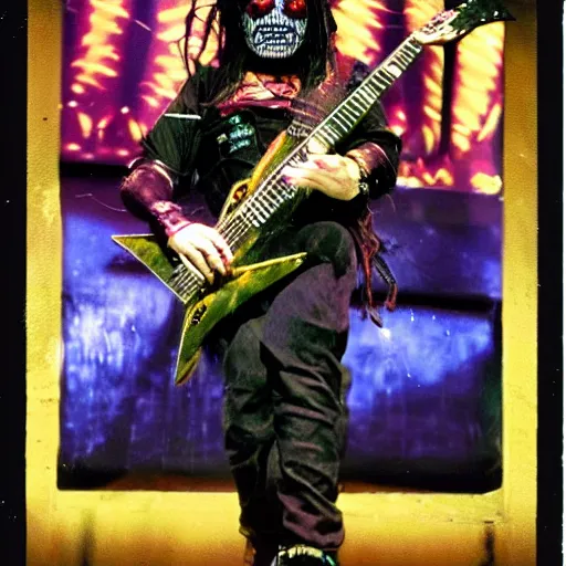 Image similar to Psychotic clown playing 7-string-guitar, concert, concert lighting, Slipknot, 2002, MTV, VHS quality