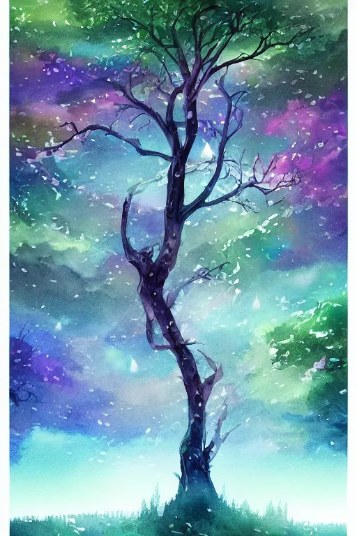 Image similar to beautiful digital watercolor painting of fantasy tree and sky background watercolor rain greg rutkowki artstation