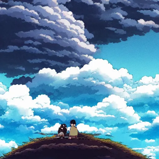 Prompt: Friendly guy, dramatic stormy sky, made by Studio Ghibli highly detailed art, beautiful scene, sharp focus, smooth, 8k, anime art