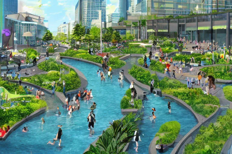 Prompt: an optimistic futuristic pedestrian mall with landscaped stream waterways - the main method of transportation which people swim in, pop motifs, by ghibli, cannabis leaf signs